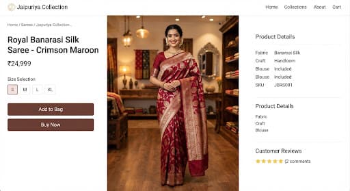 Traditional Indian woman in a deep crimson maroon Banarasi silk saree with lustrous golden zari border and paisley motifs
