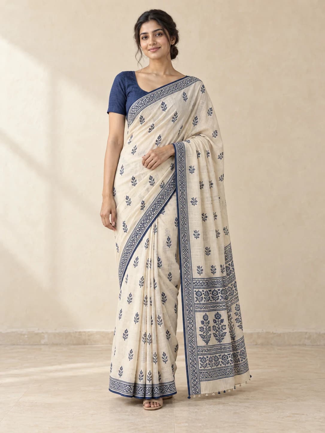 AI-generated illustration: Indigo Floral Cotton Saree — front view