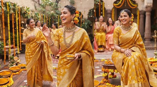 Joyful festive portrait of model in vibrant mustard yellow and vermilion Bandhani silk saree with marigold floral motifs and antique gold accessories