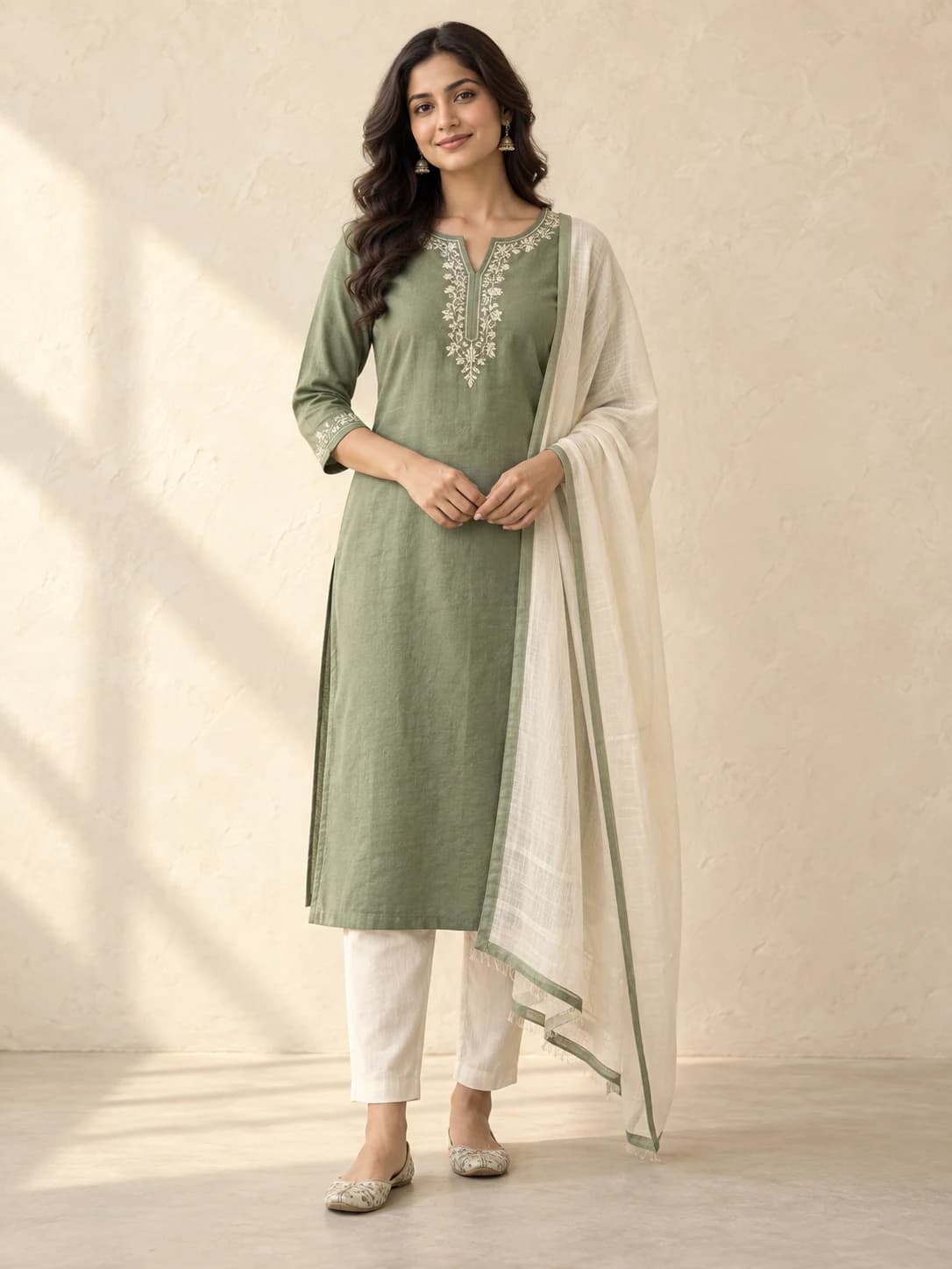 AI-generated illustration: Sage Embroidered Cotton Kurta Set — front view