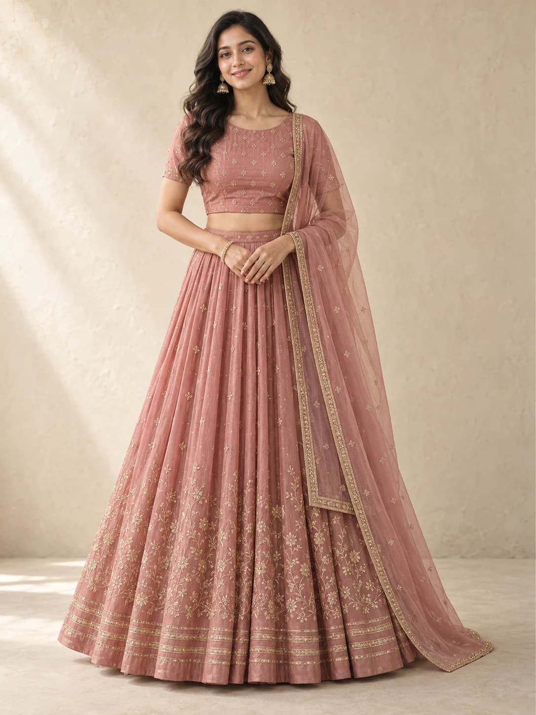 AI-generated illustration: Dusty Rose Floral Festive Lehenga — front view