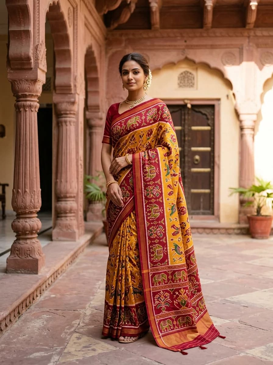 Graceful Indian model in royal crimson and navy Patan Patola double ikkat silk saree with geometric elephant and parrot motifs