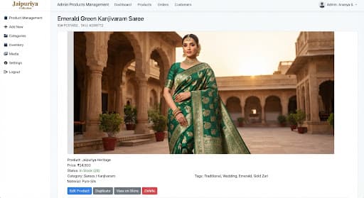 Editorial look of rich emerald green Kanjivaram pure silk saree with authentic temple border design and gold zari peacock motifs, draped on high-fashion model standing in warm sunset palace courtyard