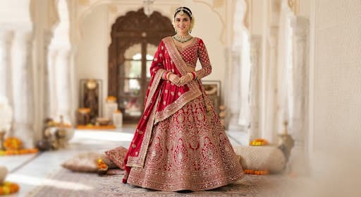 Royal Crimson Embroidered Velvet Bridal Lehenga with heavy gold zardozi